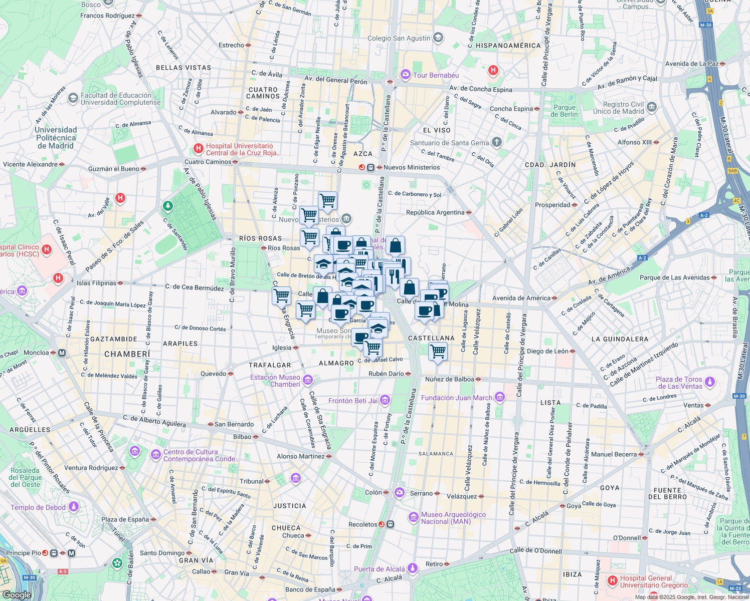 map of restaurants, bars, coffee shops, grocery stores, and more near 56 Calle de José Abascal in Madrid