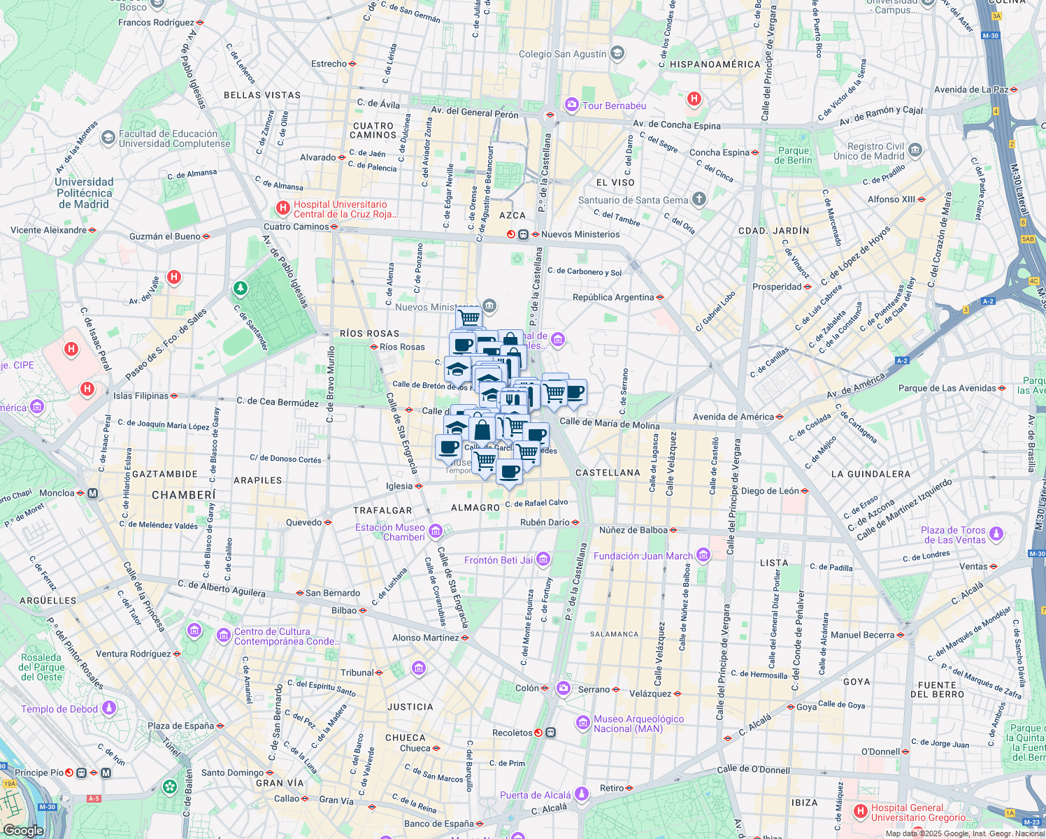 map of restaurants, bars, coffee shops, grocery stores, and more near 56 Calle de José Abascal in Madrid