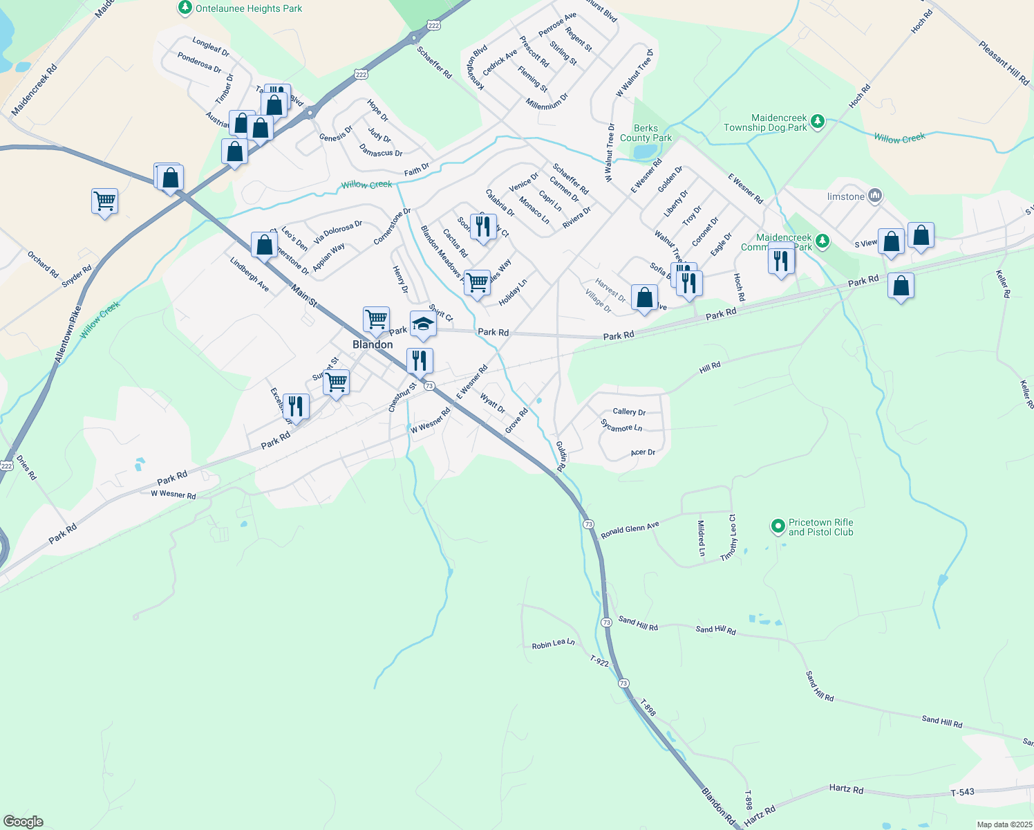 map of restaurants, bars, coffee shops, grocery stores, and more near 583 Wyatt Drive in Blandon