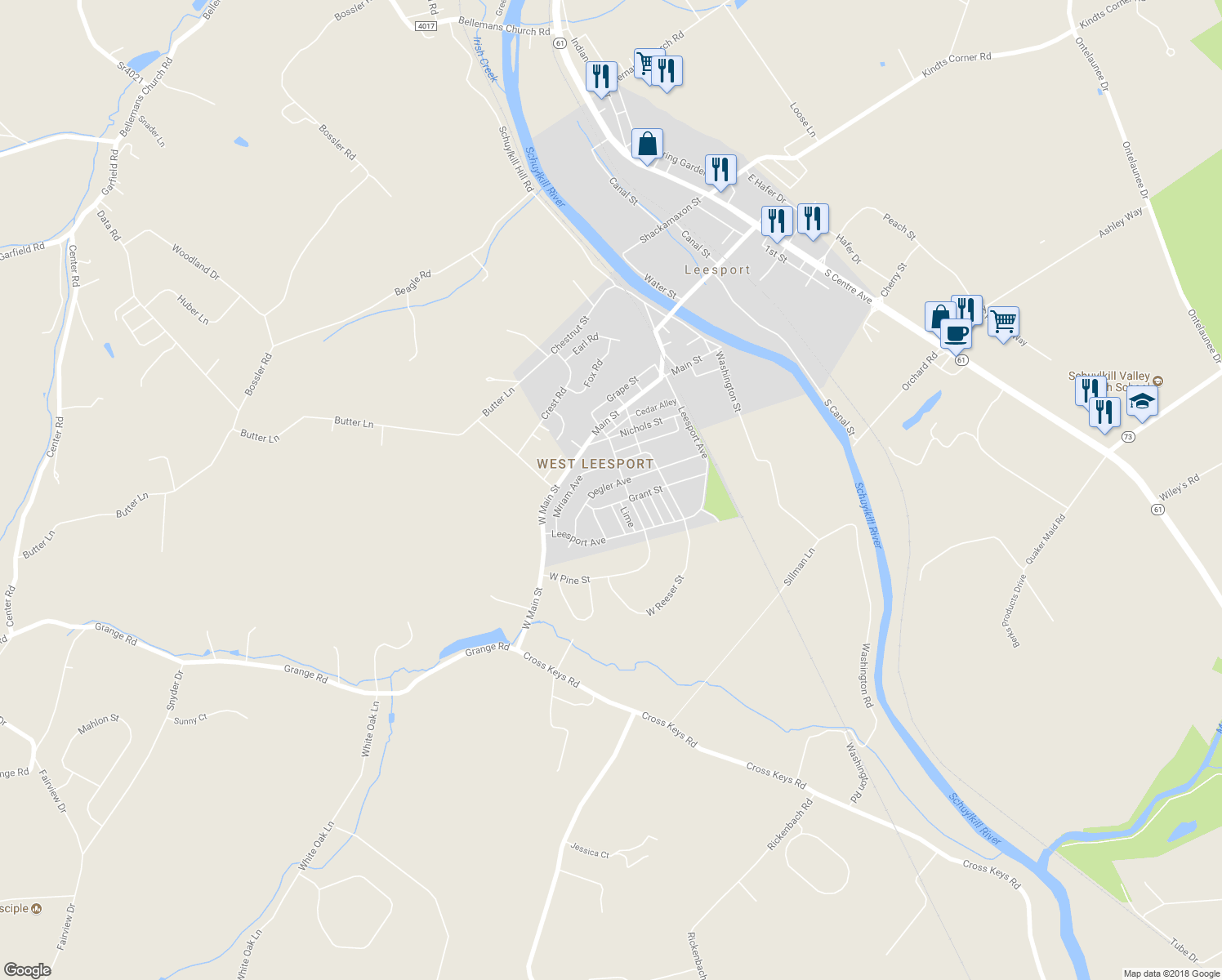 map of restaurants, bars, coffee shops, grocery stores, and more near 404 Degler Avenue in Leesport