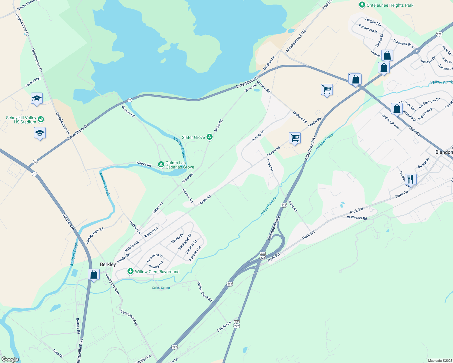 map of restaurants, bars, coffee shops, grocery stores, and more near 376 Snyder Road in Reading