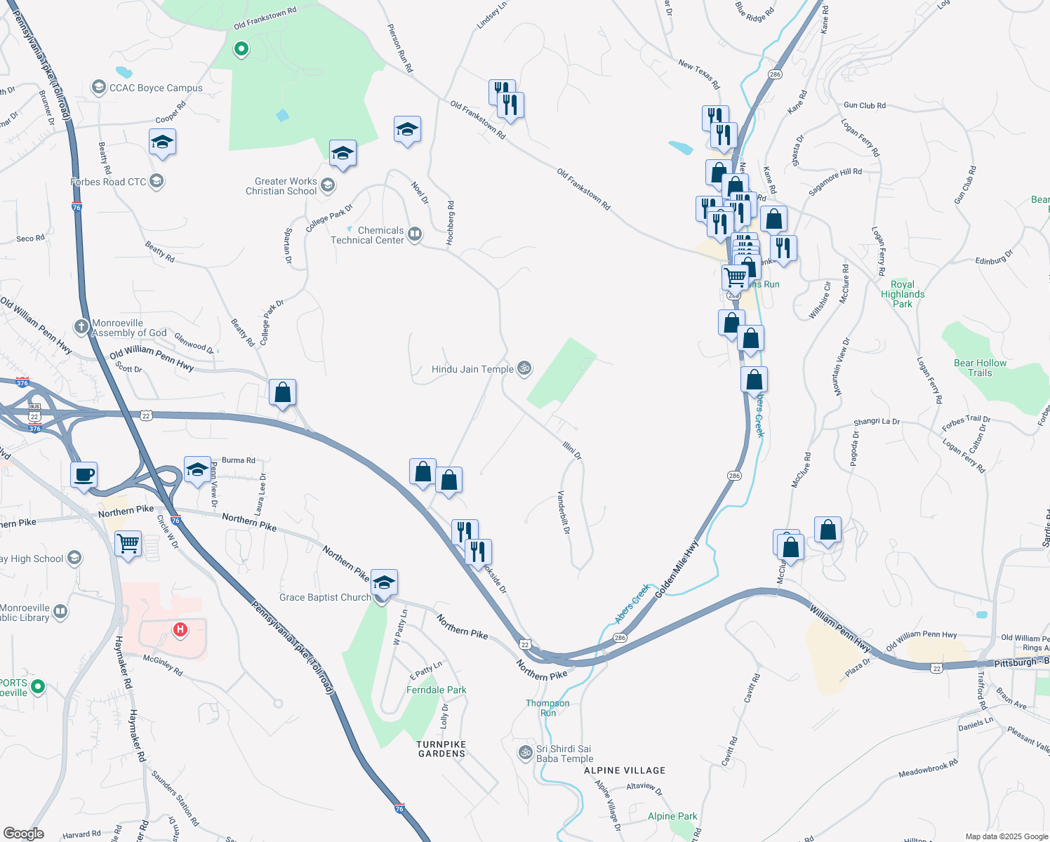 map of restaurants, bars, coffee shops, grocery stores, and more near 643 Tartan Drive in Monroeville