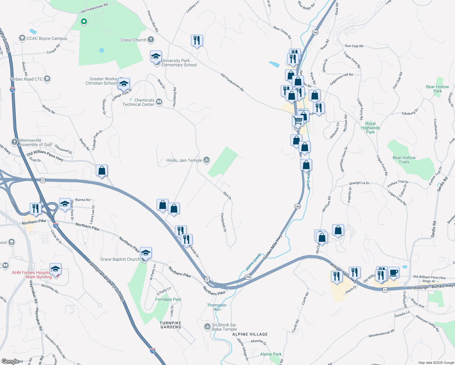 map of restaurants, bars, coffee shops, grocery stores, and more near 713 Citadel Drive in Monroeville