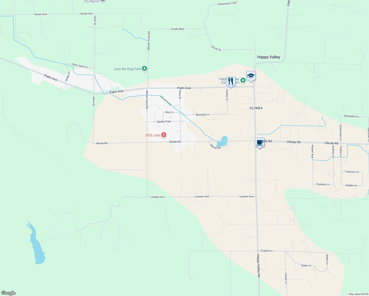 map of restaurants, bars, coffee shops, grocery stores, and more near 17173 Olinda Rd in Anderson