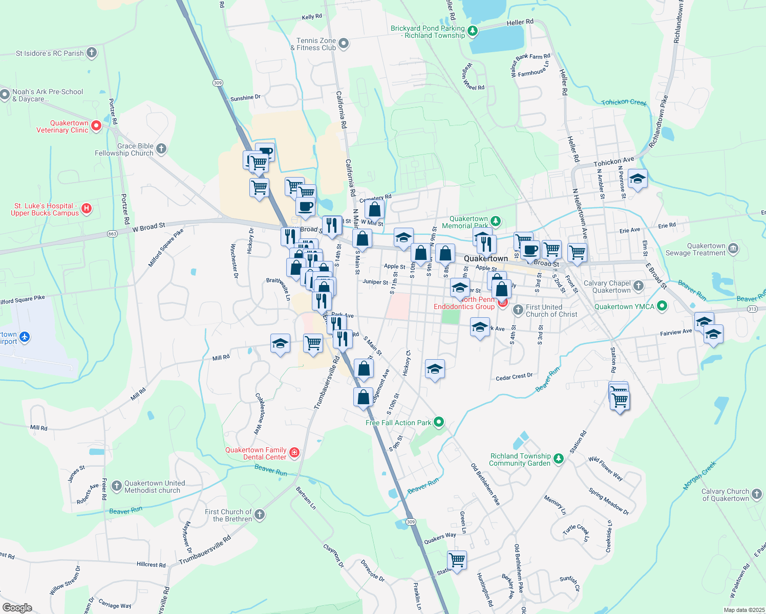 map of restaurants, bars, coffee shops, grocery stores, and more near 144 South 11th Street in Quakertown