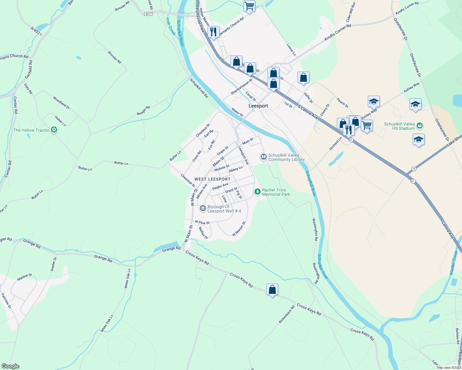 map of restaurants, bars, coffee shops, grocery stores, and more near 308 Degler Avenue in Leesport