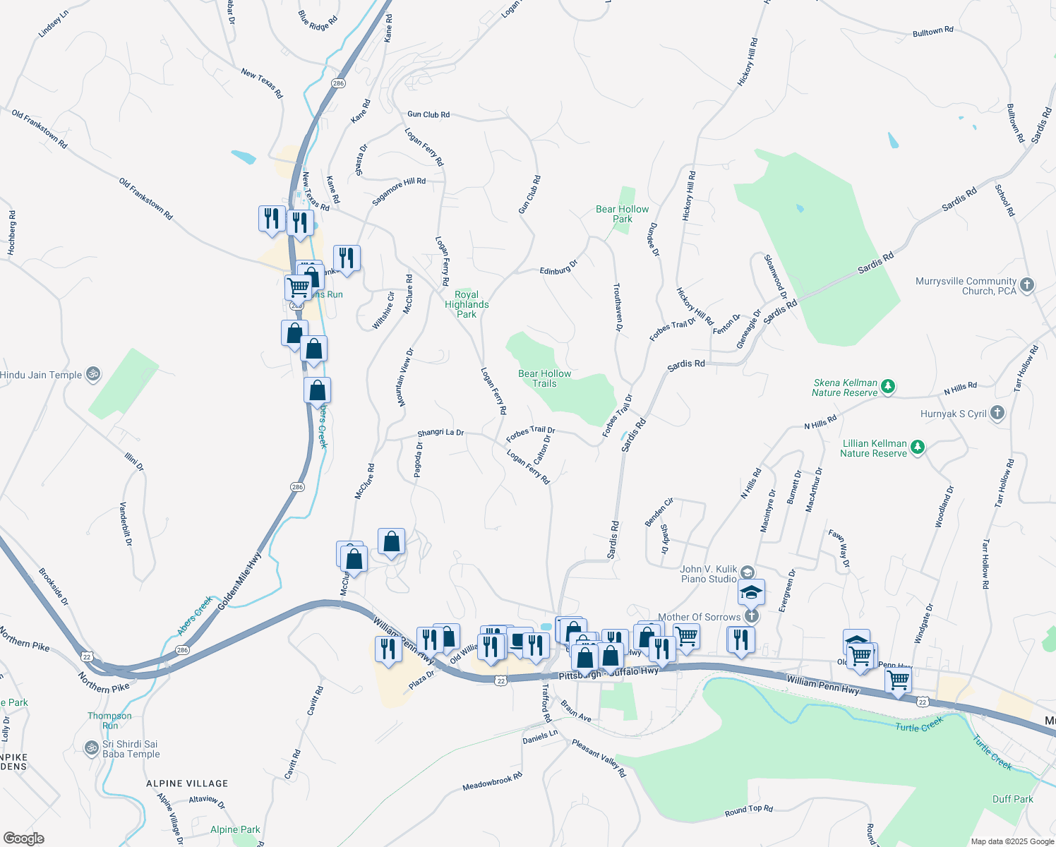 map of restaurants, bars, coffee shops, grocery stores, and more near 3611 Forbes Trail Drive in Murrysville