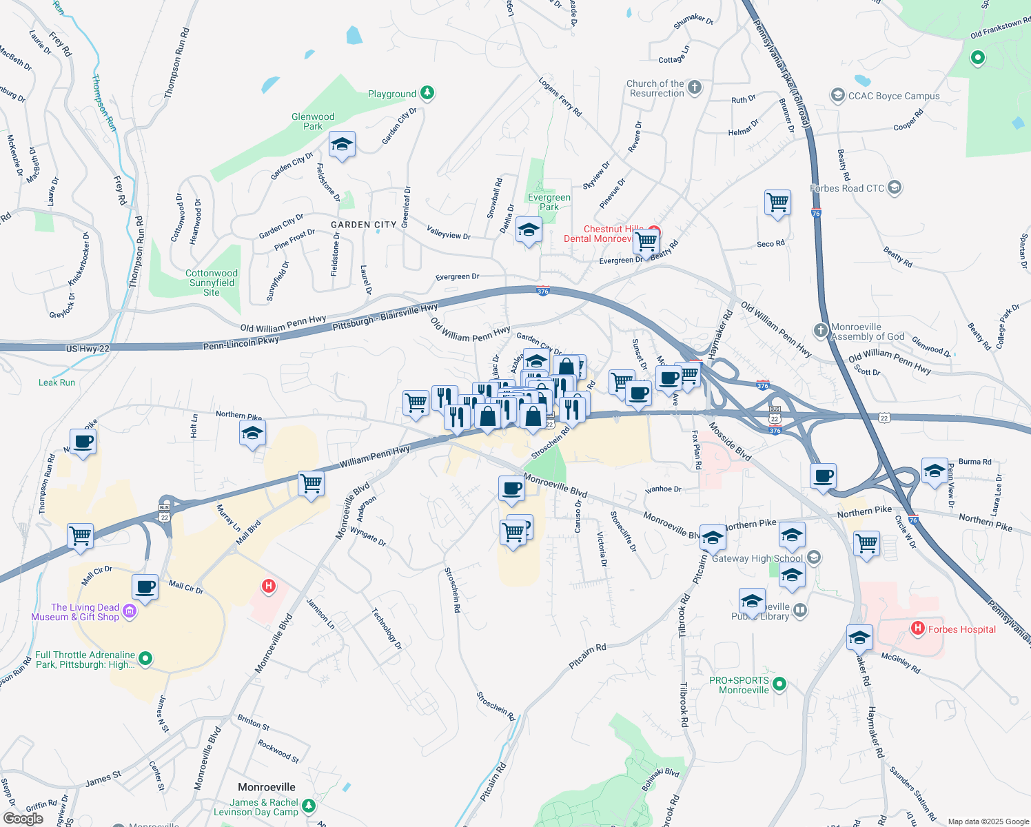map of restaurants, bars, coffee shops, grocery stores, and more near 3981 William Penn Hwy in Monroeville