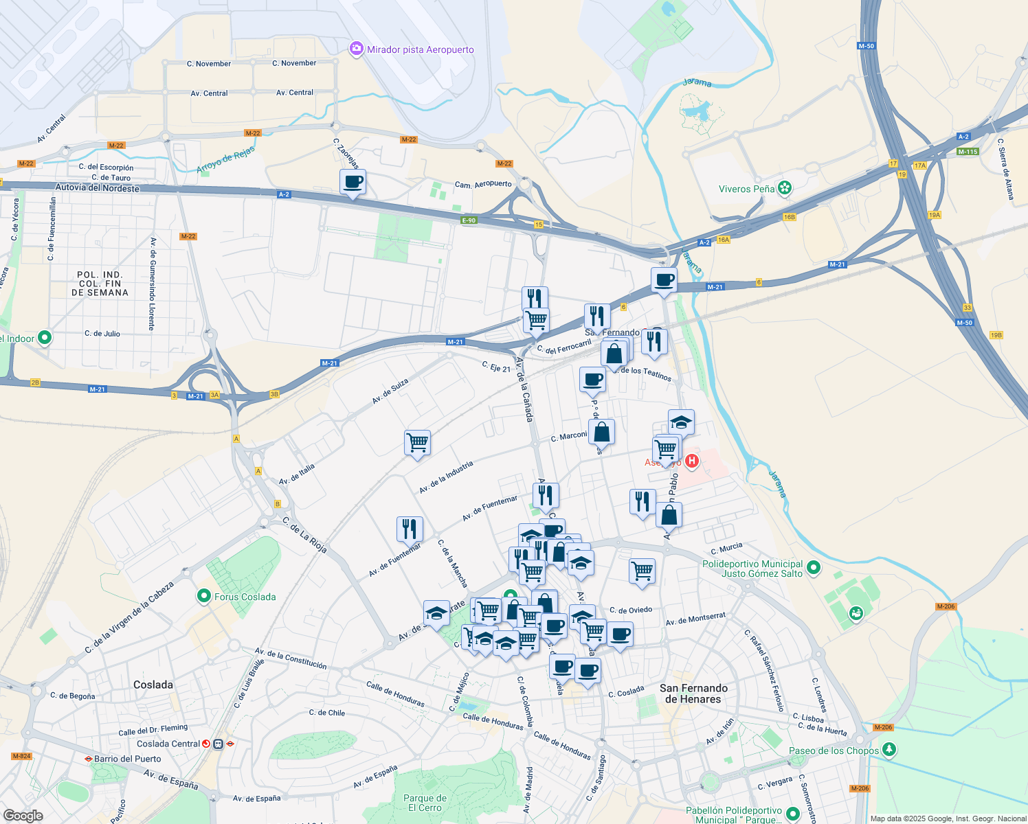 map of restaurants, bars, coffee shops, grocery stores, and more near 28 Calle de los Llanos de Jerez in Coslada
