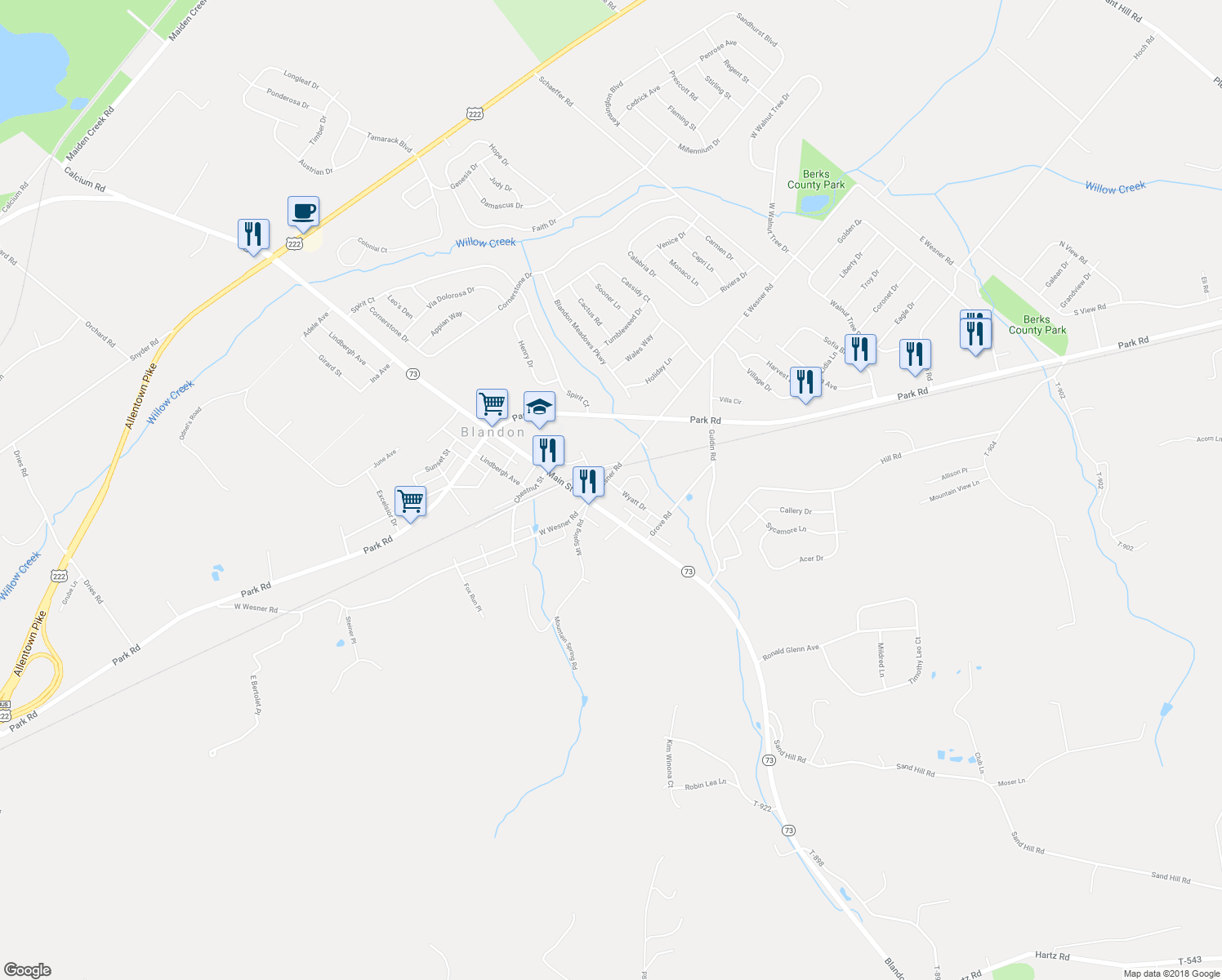 map of restaurants, bars, coffee shops, grocery stores, and more near 502 Wyatt Drive in Blandon