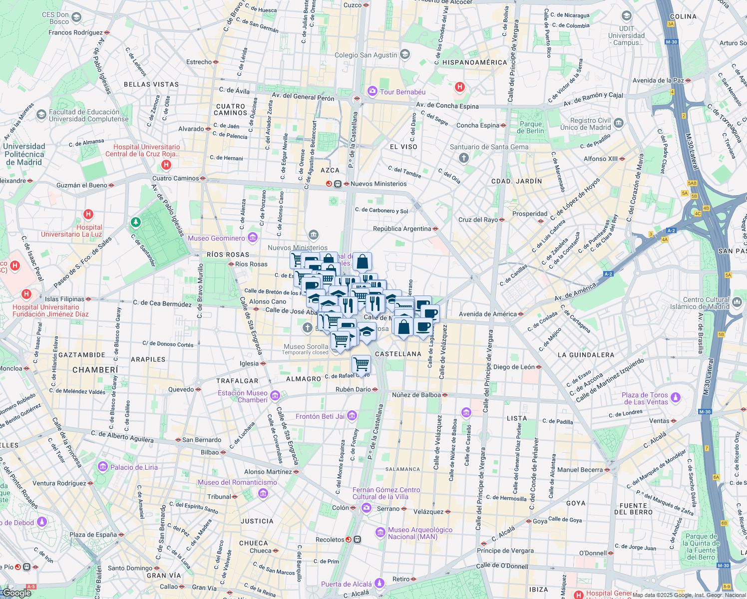 map of restaurants, bars, coffee shops, grocery stores, and more near 10 Calle de Pedro de Valdivia in Madrid