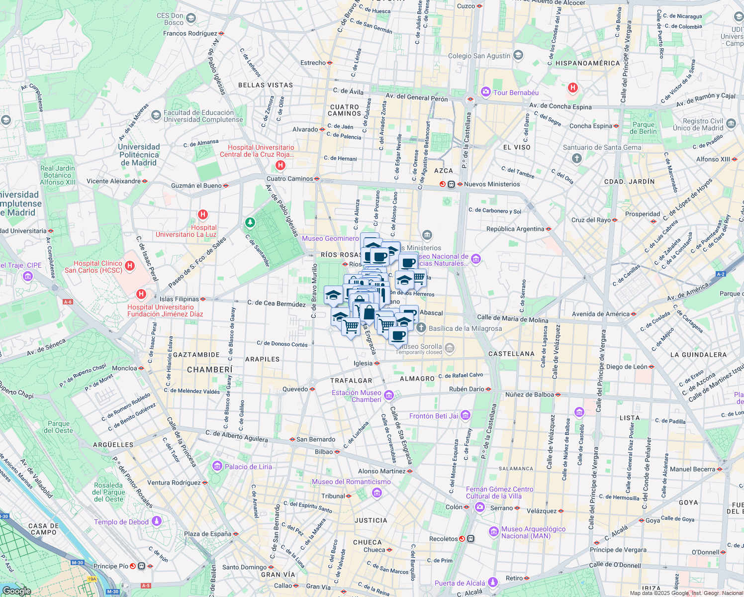 map of restaurants, bars, coffee shops, grocery stores, and more near 28 Calle Ponzano in Madrid