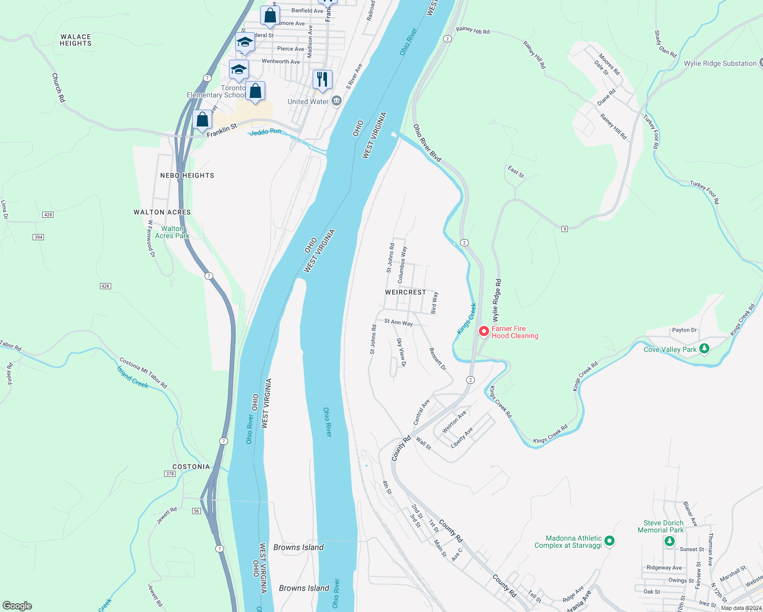 map of restaurants, bars, coffee shops, grocery stores, and more near 94 St Johns Rd in Weirton
