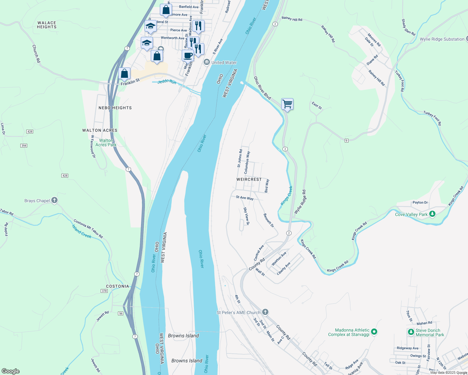 map of restaurants, bars, coffee shops, grocery stores, and more near 94 St Johns Rd in Weirton