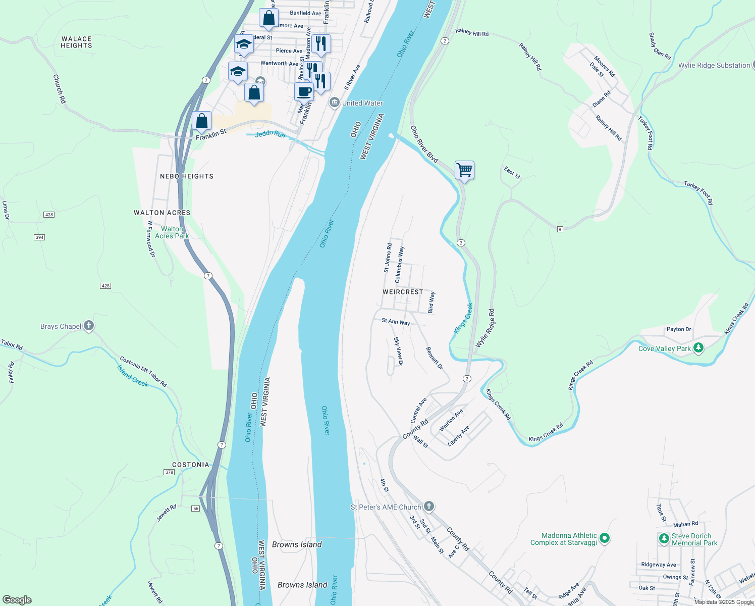 map of restaurants, bars, coffee shops, grocery stores, and more near 107 Saint Johns Road in Weirton