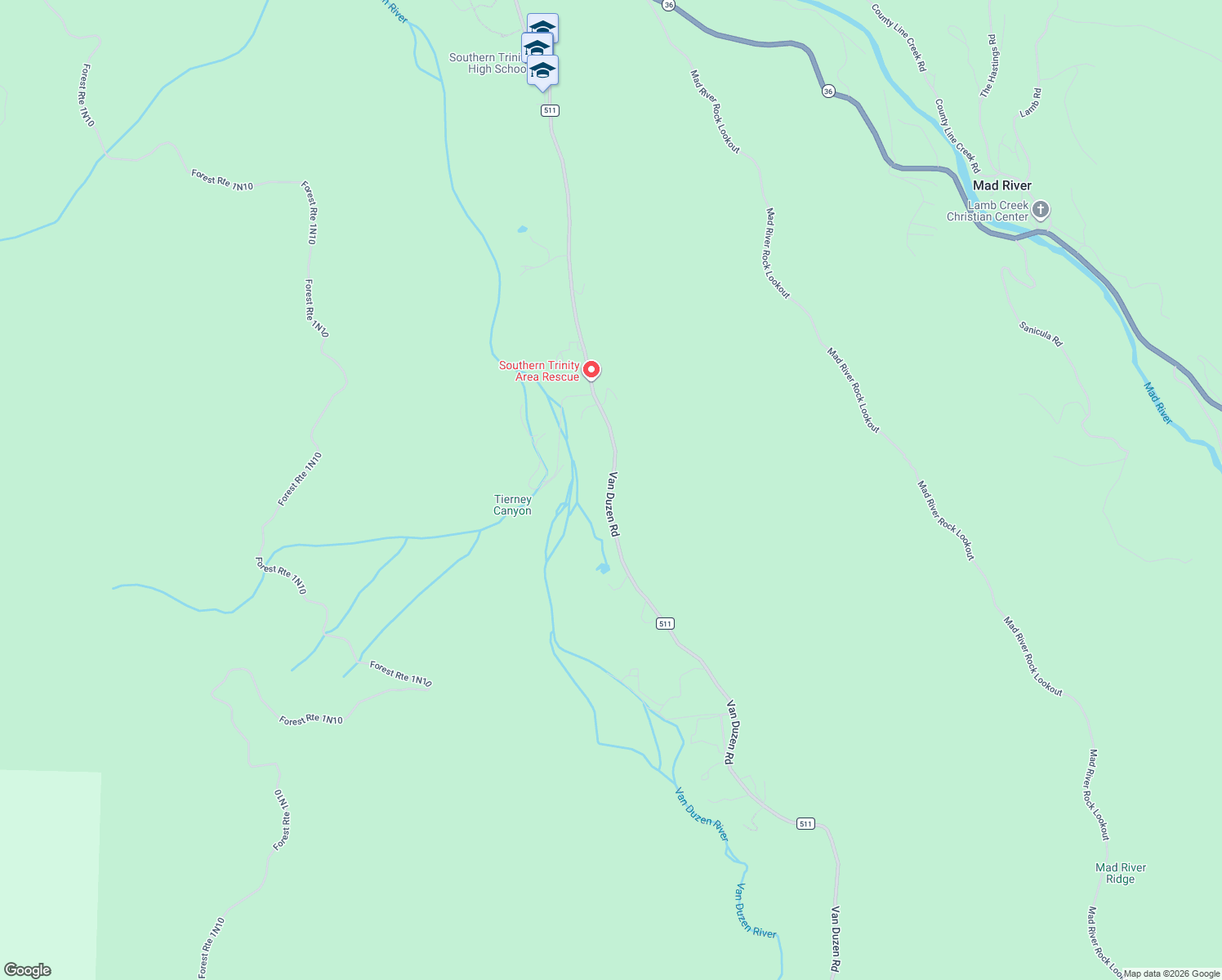 map of restaurants, bars, coffee shops, grocery stores, and more near Van Duzen Road in Mad River