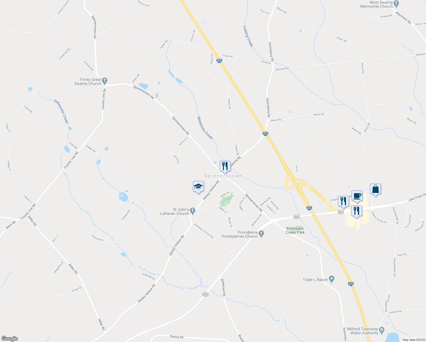 map of restaurants, bars, coffee shops, grocery stores, and more near 2230 Spinnerstown Road in Quakertown