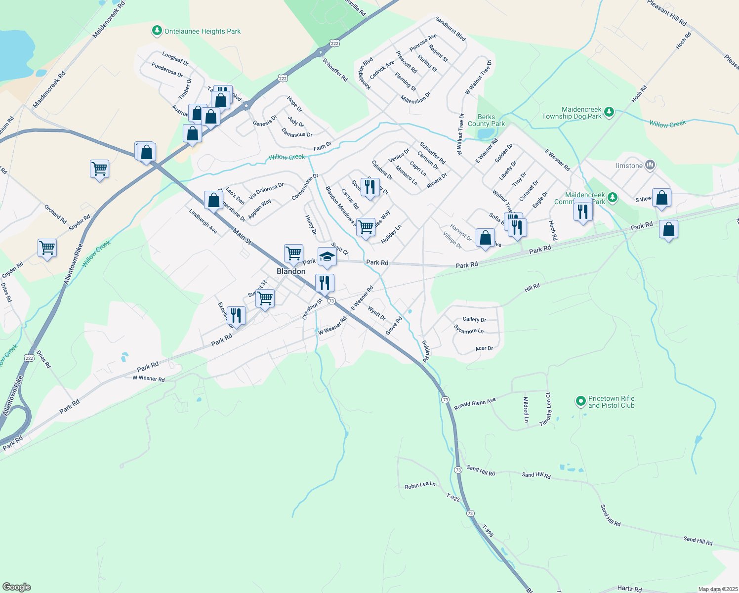 map of restaurants, bars, coffee shops, grocery stores, and more near 120 White Birch Ln in Blandon