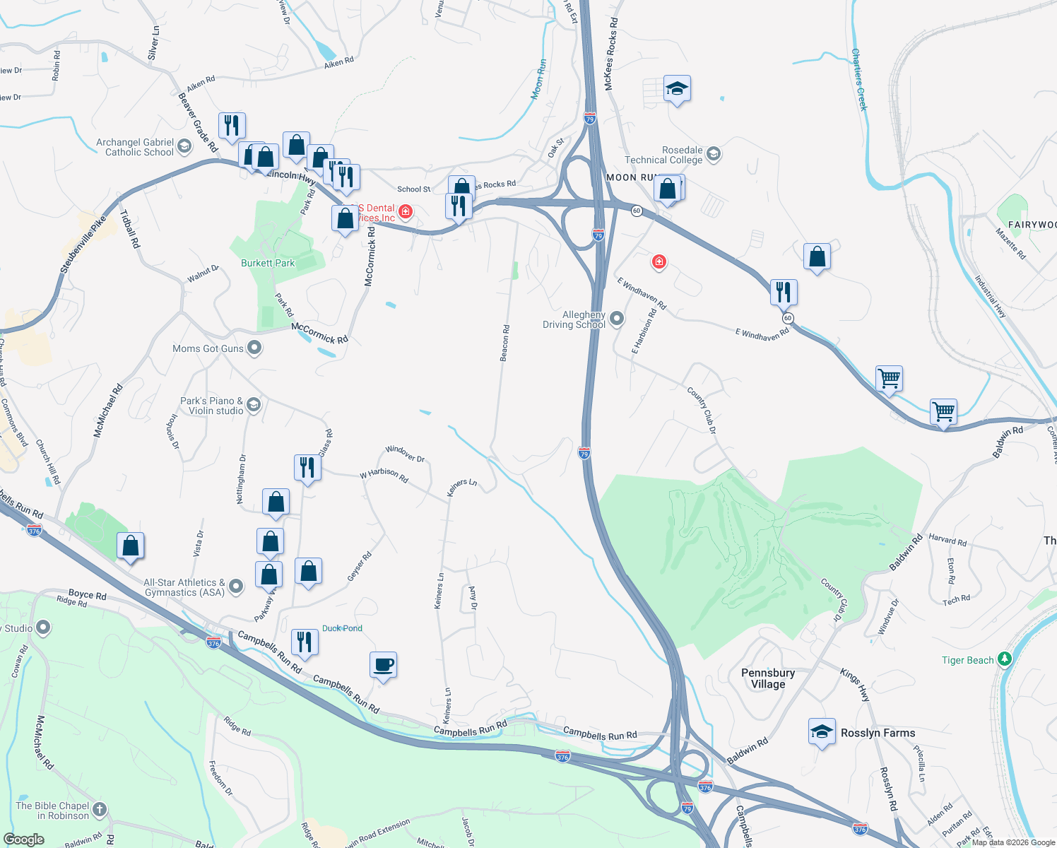 map of restaurants, bars, coffee shops, grocery stores, and more near 1003 Beacon Road in Pittsburgh