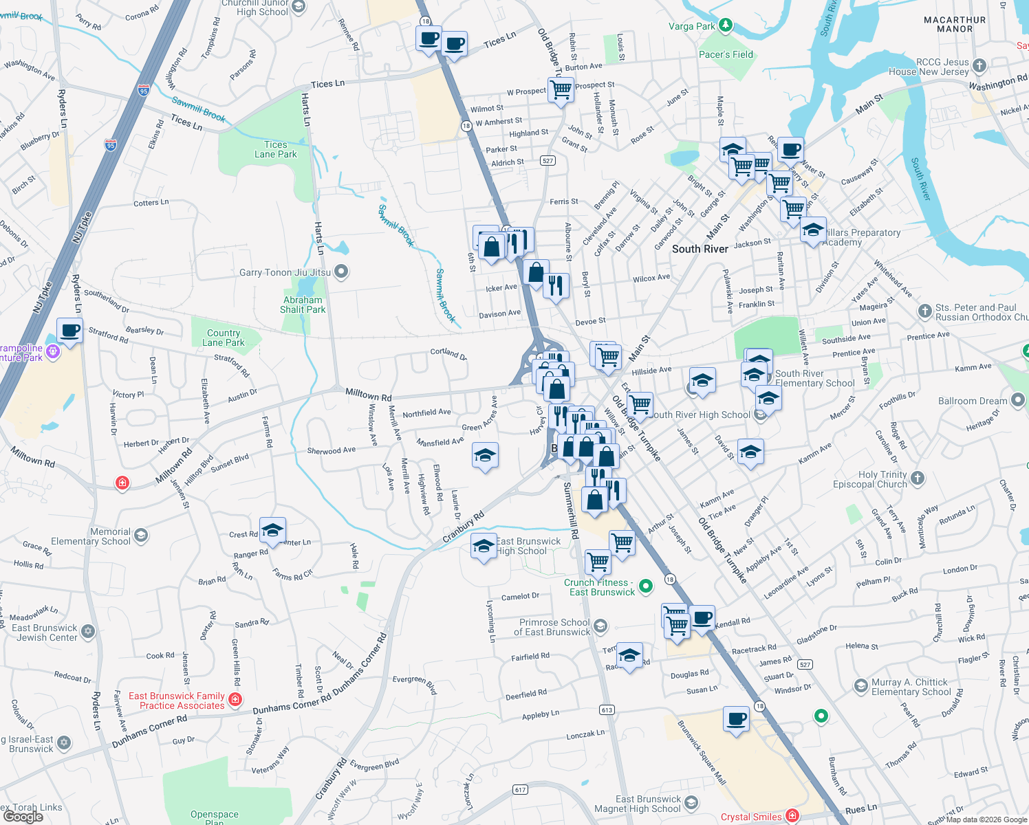 map of restaurants, bars, coffee shops, grocery stores, and more near 7 Glen Court in East Brunswick