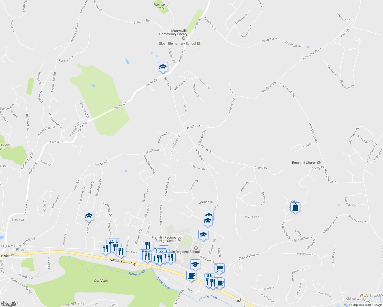 map of restaurants, bars, coffee shops, grocery stores, and more near 3580 W Windover Ct in Murrysville