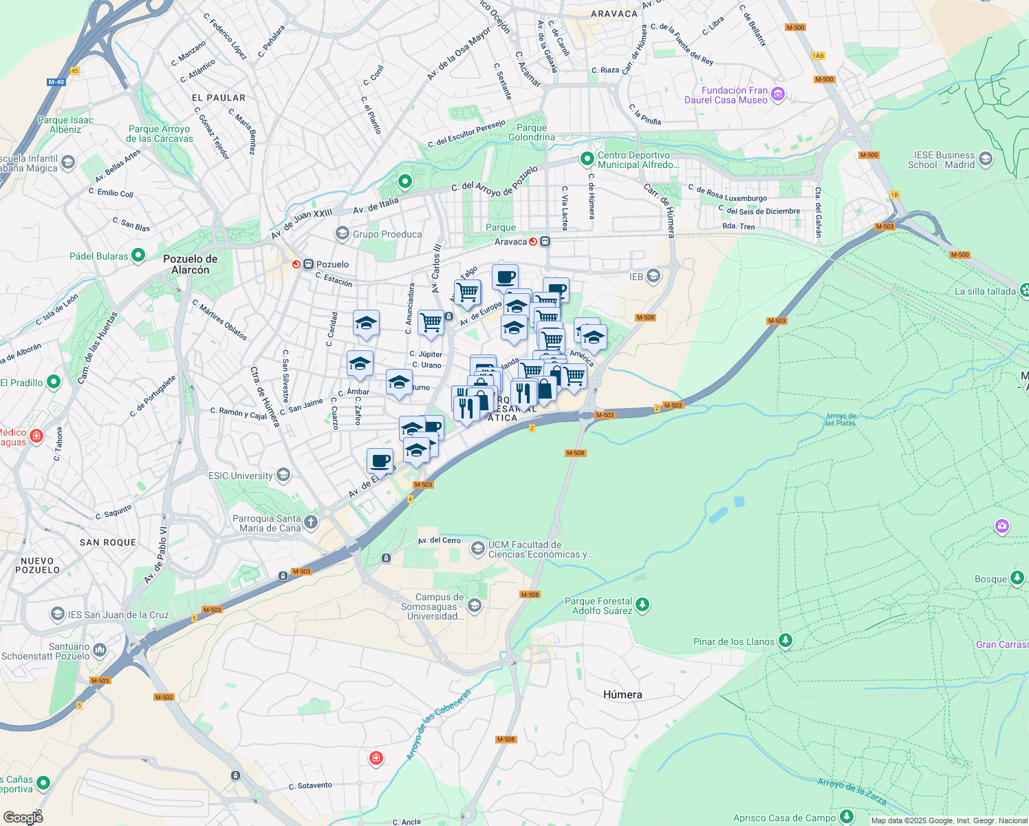 map of restaurants, bars, coffee shops, grocery stores, and more near 2 Calle de Inglaterra in Pozuelo de Alarcón