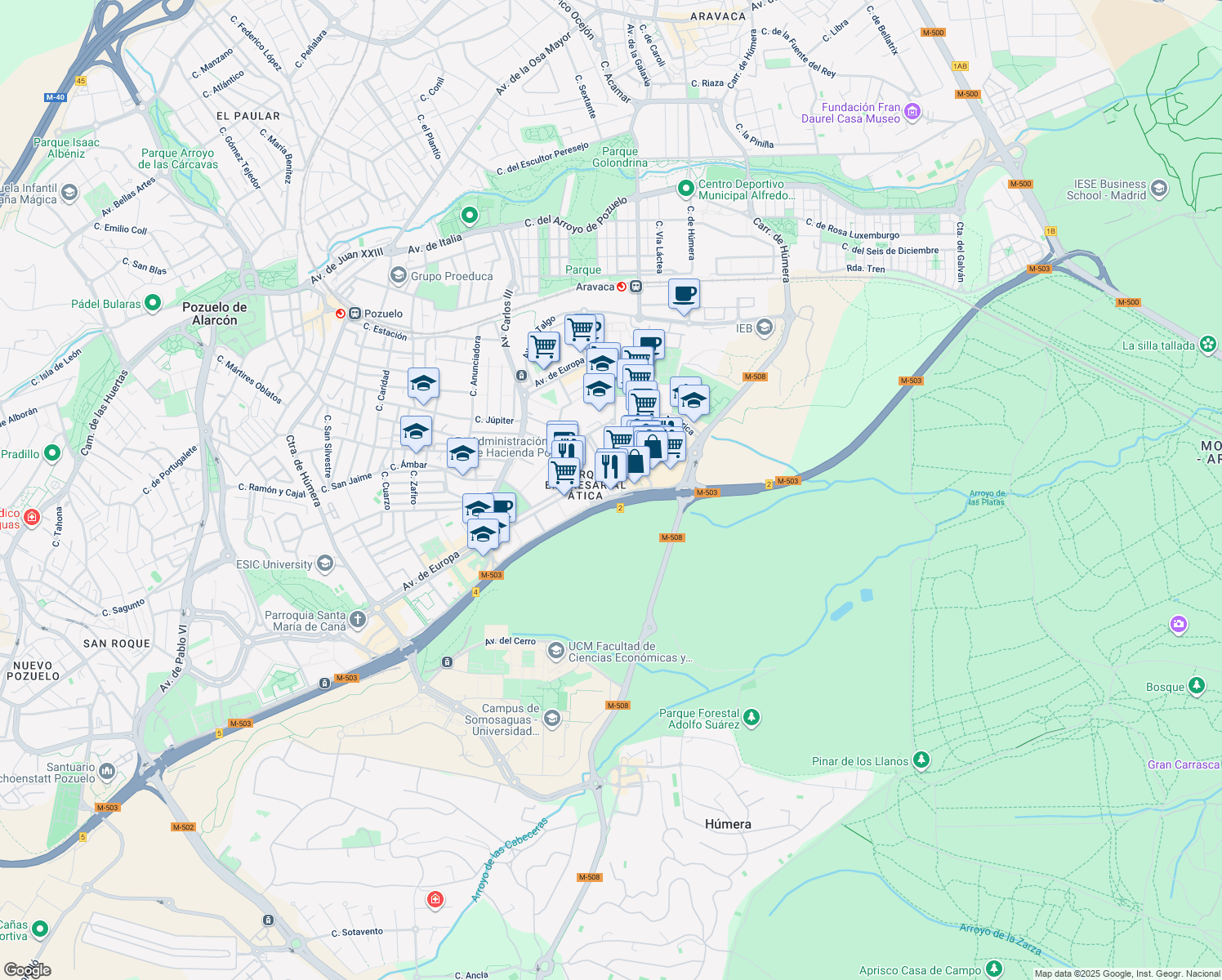 map of restaurants, bars, coffee shops, grocery stores, and more near 33 Vía de las Dos Castillas in Pozuelo de Alarcón