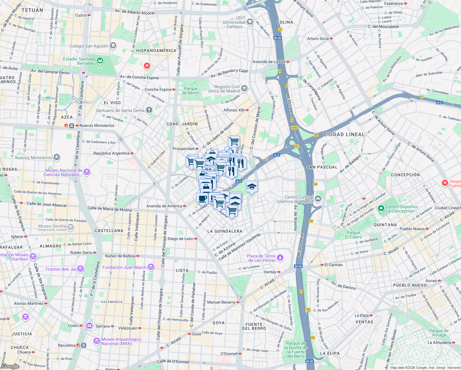 map of restaurants, bars, coffee shops, grocery stores, and more near 41 Av de América in Madrid