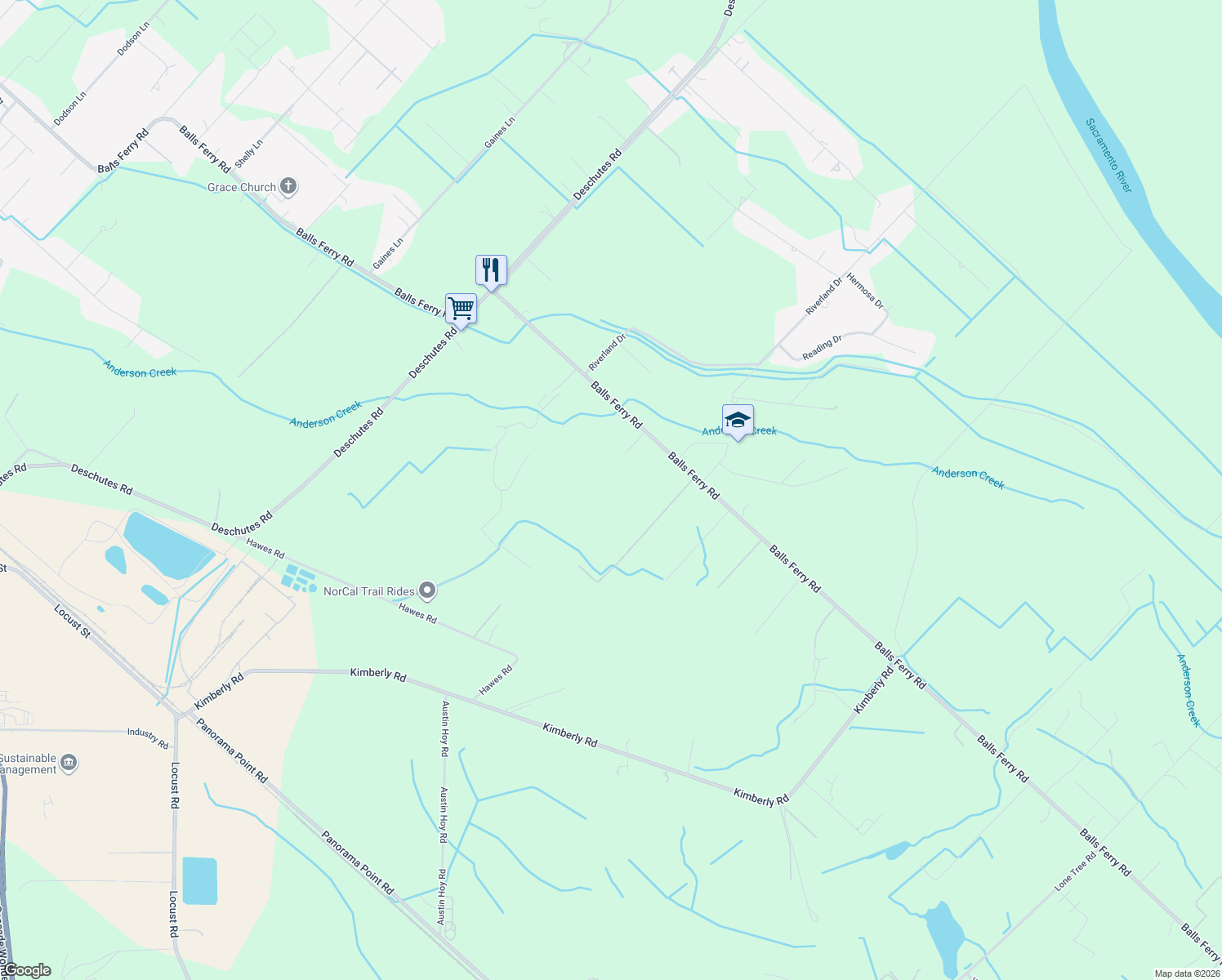 map of restaurants, bars, coffee shops, grocery stores, and more near 5340 Balls Ferry Road in Anderson