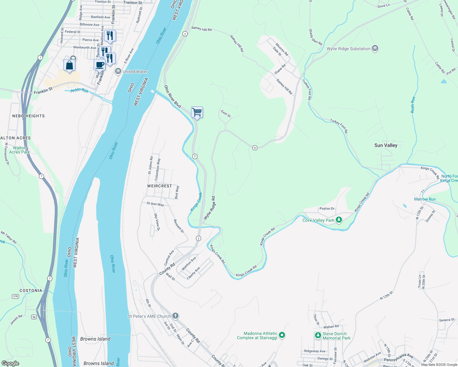 map of restaurants, bars, coffee shops, grocery stores, and more near 182-398 Fox Run Rd in New Cumberland