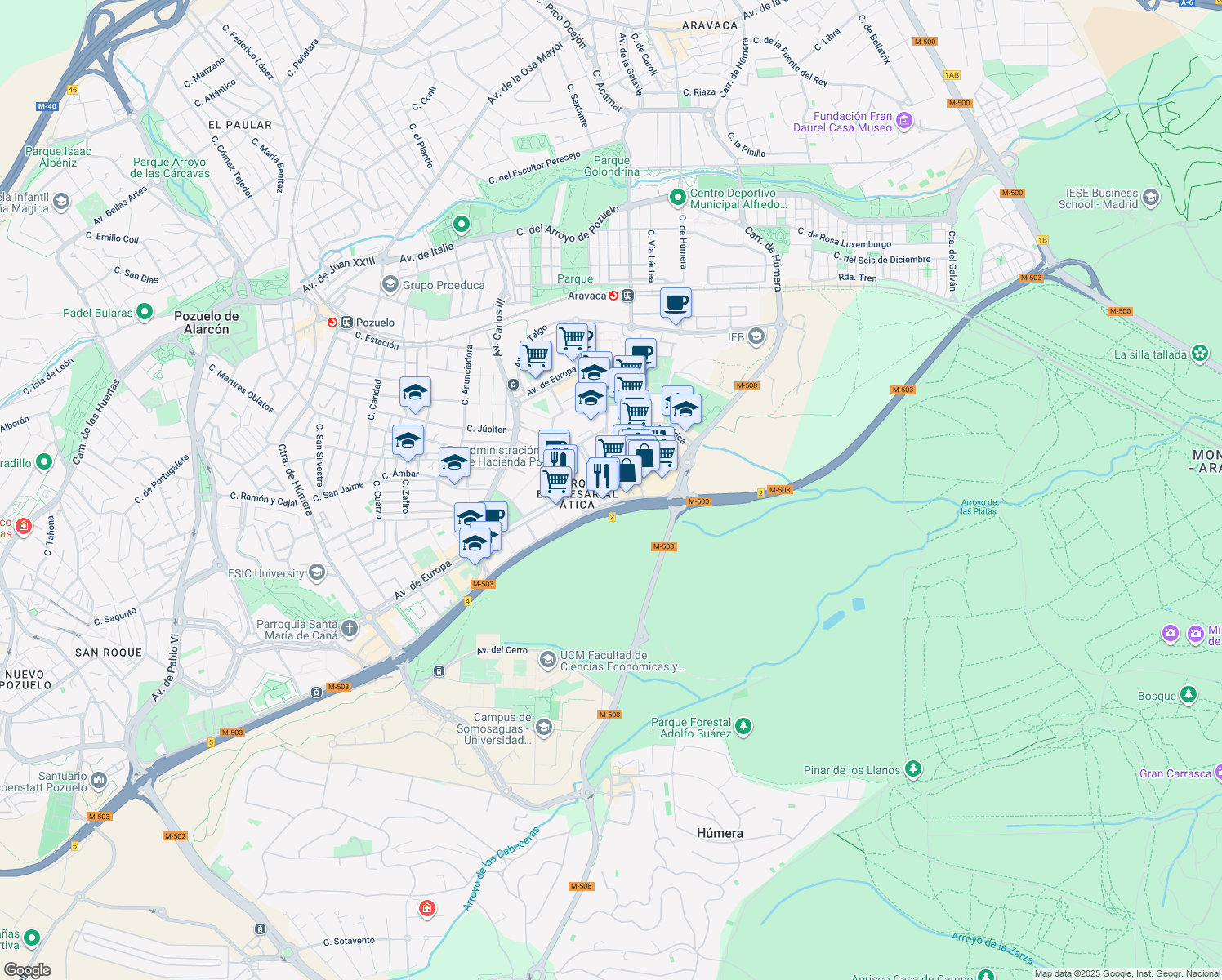 map of restaurants, bars, coffee shops, grocery stores, and more near 33 Vía de las Dos Castillas in Pozuelo de Alarcón