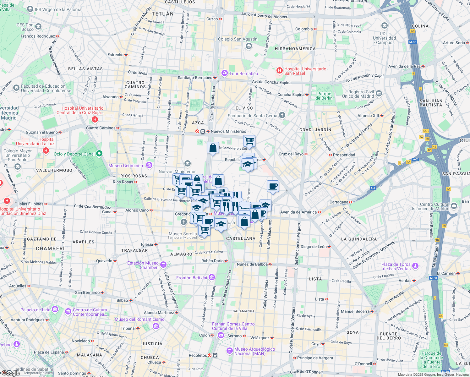 map of restaurants, bars, coffee shops, grocery stores, and more near 21 Calle del Pinar in Madrid