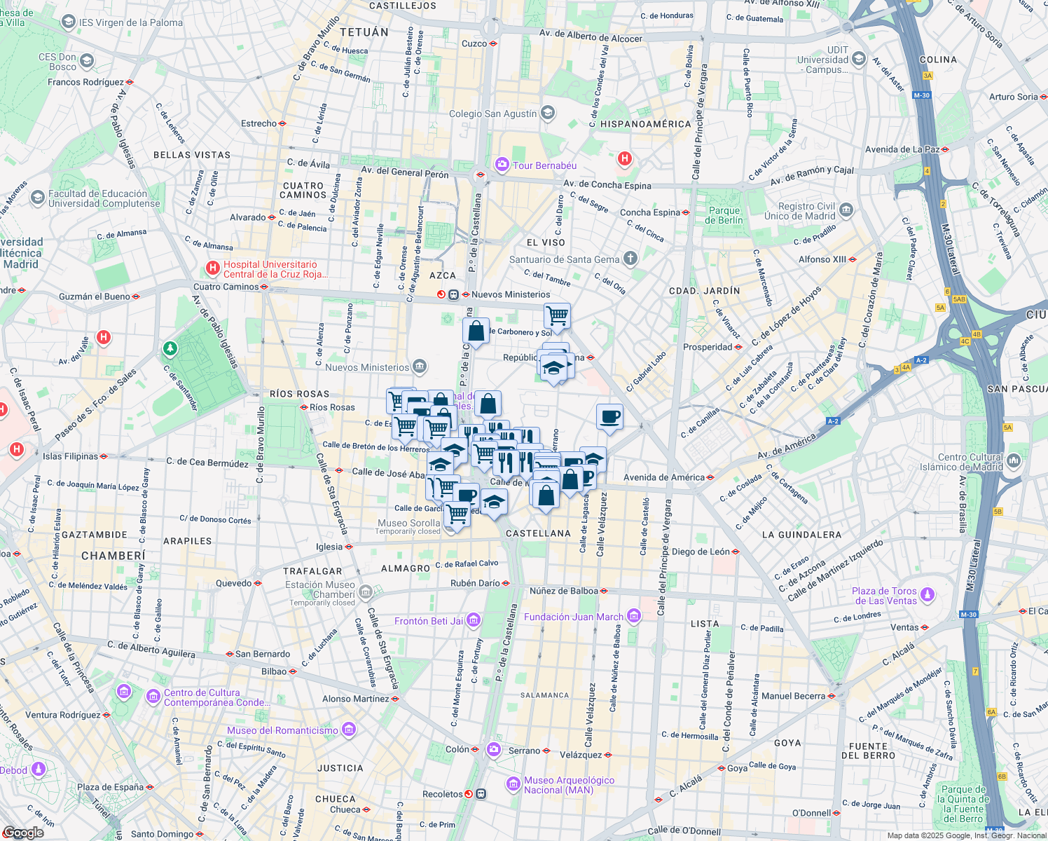 map of restaurants, bars, coffee shops, grocery stores, and more near 21 Calle del Pinar in Madrid