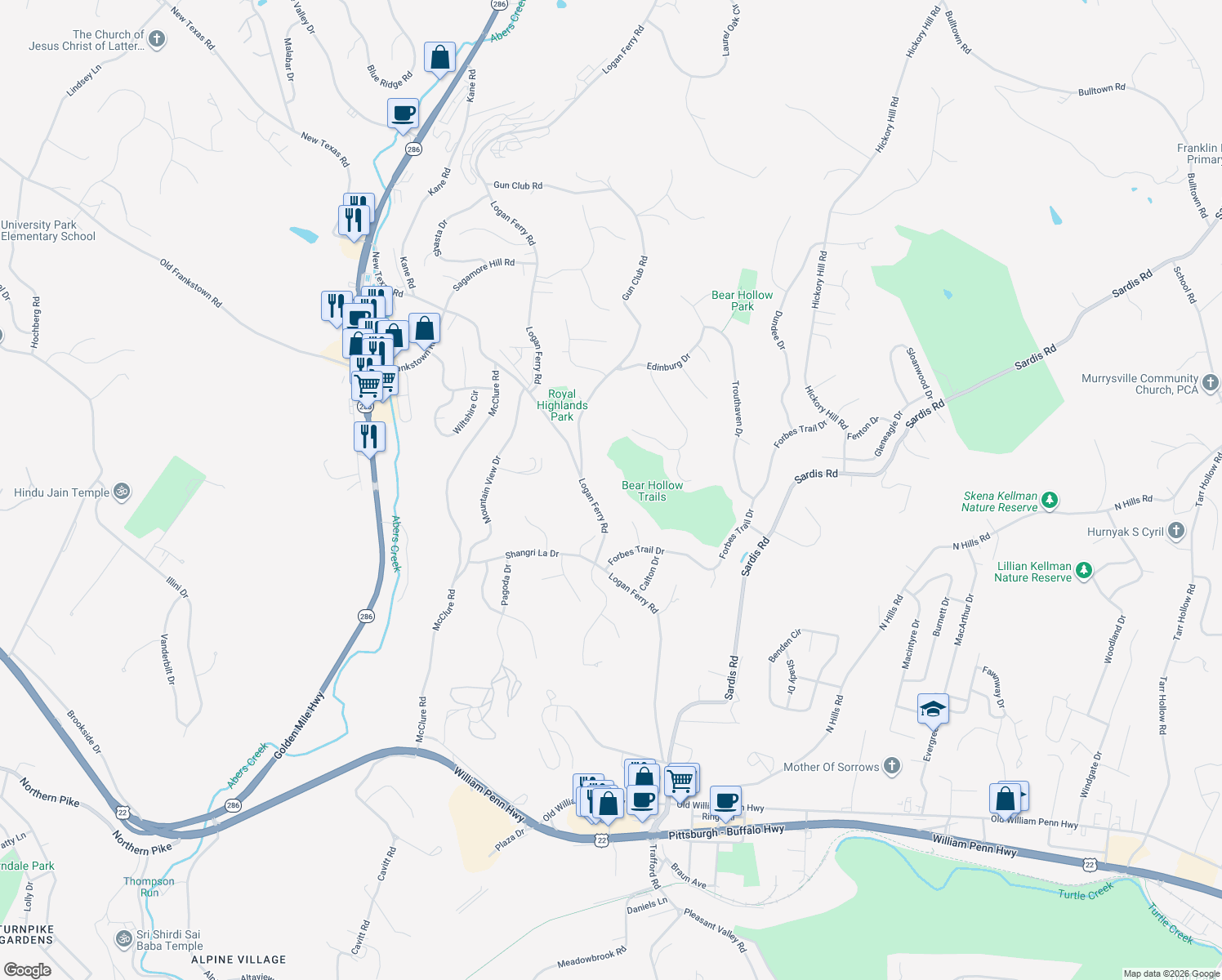 map of restaurants, bars, coffee shops, grocery stores, and more near 3649 Logan Ferry Rd in Murrysville