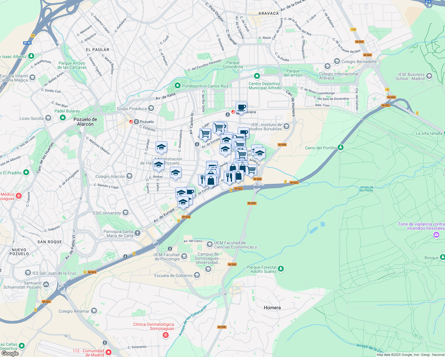 map of restaurants, bars, coffee shops, grocery stores, and more near 19 Avenida de Europa in Pozuelo de Alarcón