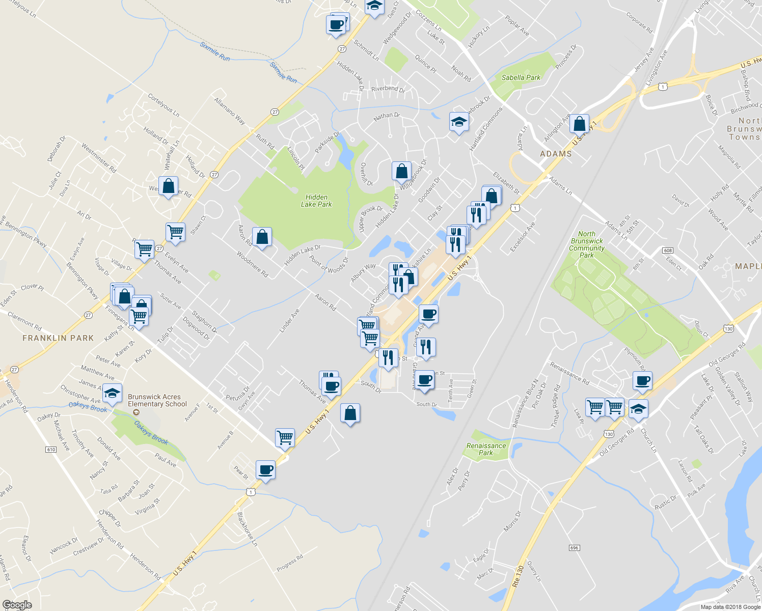 map of restaurants, bars, coffee shops, grocery stores, and more near 2474 Canterbury Lane in North Brunswick Township