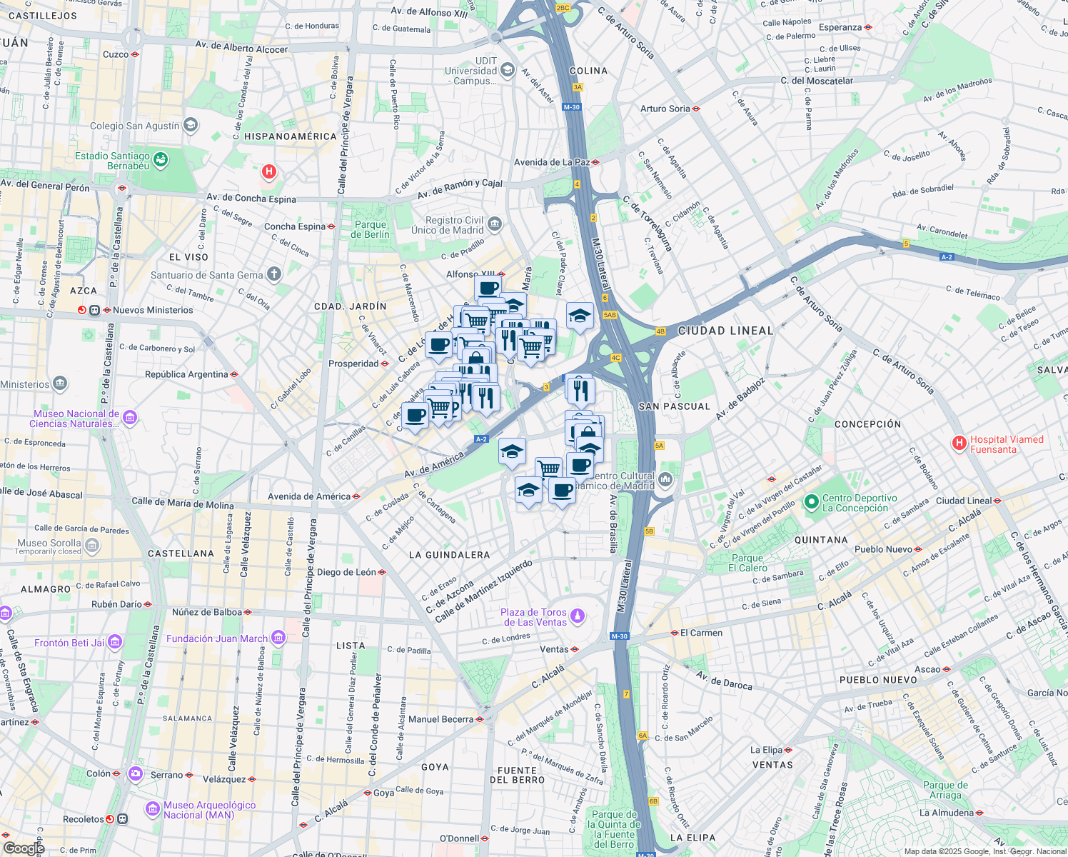 map of restaurants, bars, coffee shops, grocery stores, and more near 38 Avenida de América in Madrid