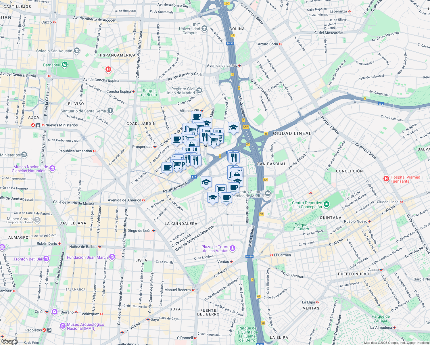 map of restaurants, bars, coffee shops, grocery stores, and more near 38 Avenida de América in Madrid