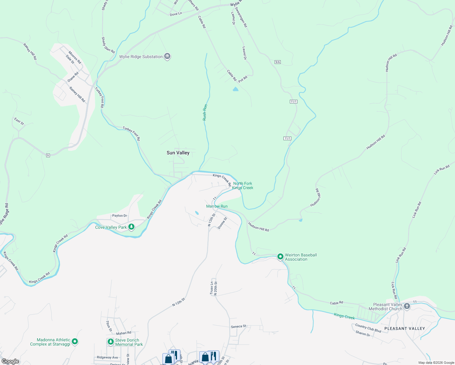 map of restaurants, bars, coffee shops, grocery stores, and more near 2534 Kings Creek Rd in Weirton