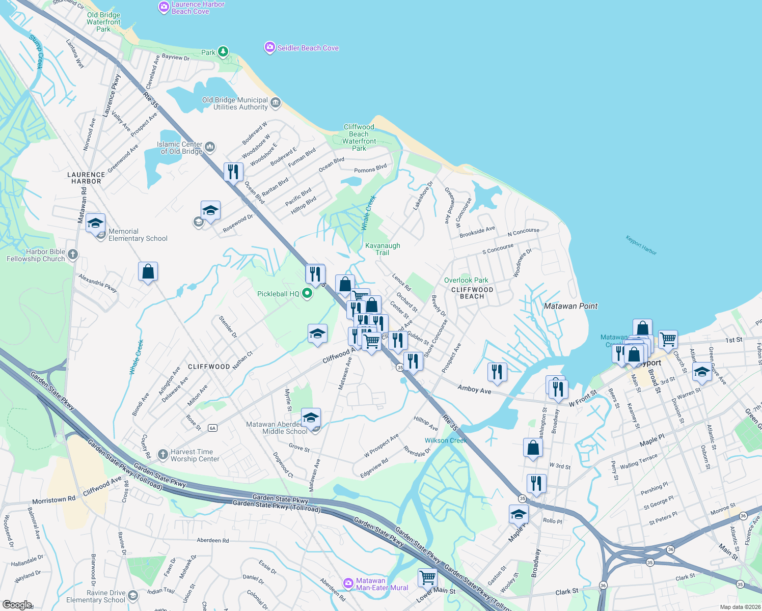 map of restaurants, bars, coffee shops, grocery stores, and more near 113 Keyport Ave in Keyport