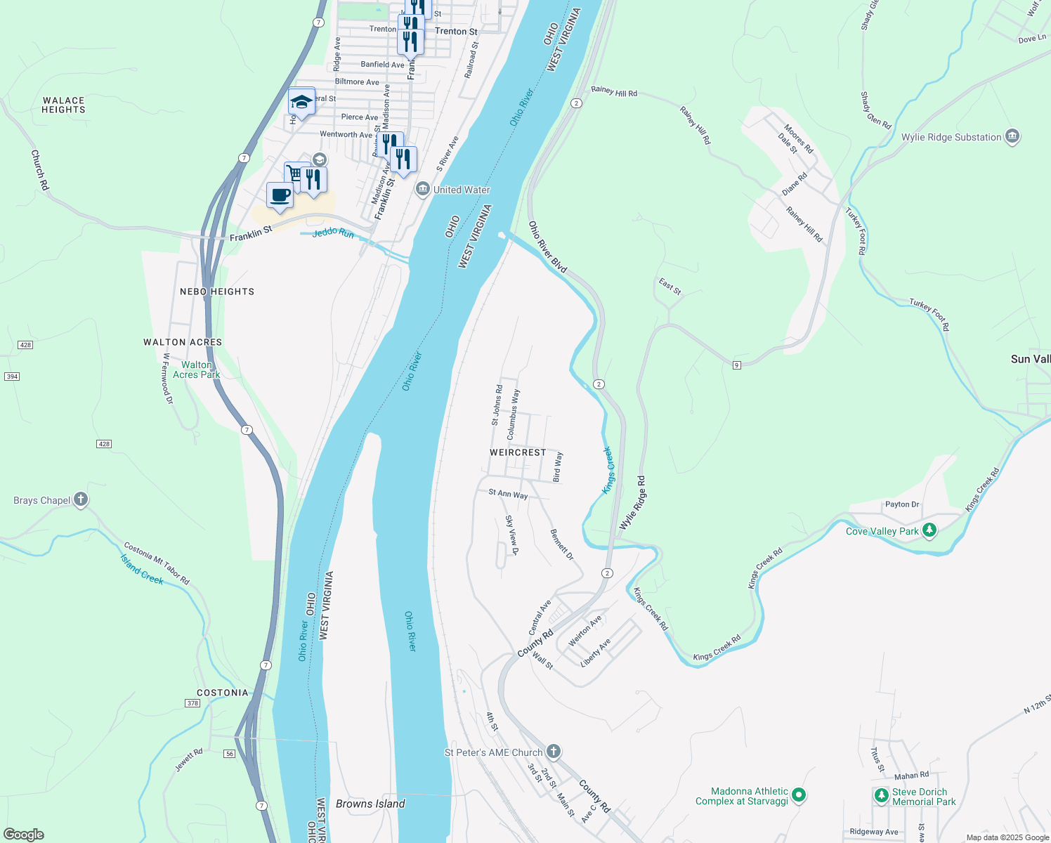 map of restaurants, bars, coffee shops, grocery stores, and more near 191 Mckinley Rd in Weirton
