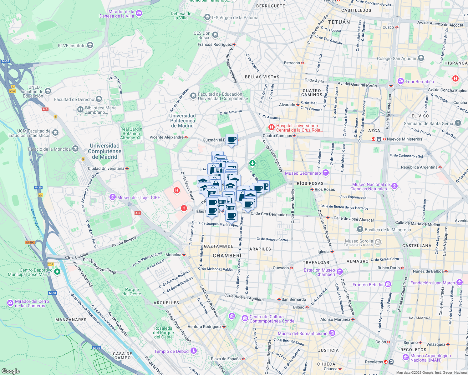 map of restaurants, bars, coffee shops, grocery stores, and more near 98 Calle de Guzmán el Bueno in Madrid