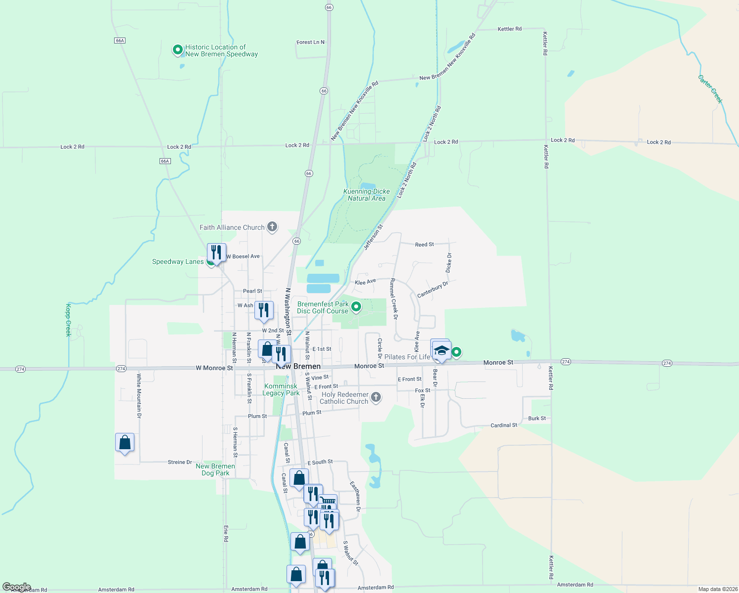 map of restaurants, bars, coffee shops, grocery stores, and more near 9 Adams Pl in New Bremen