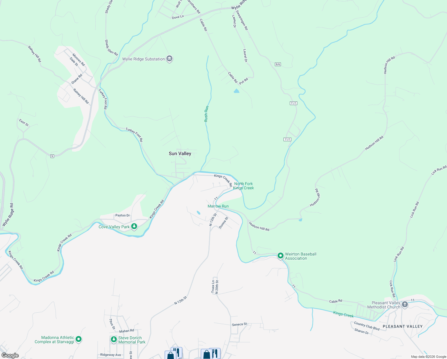 map of restaurants, bars, coffee shops, grocery stores, and more near 2534 Kings Creek Road in Weirton