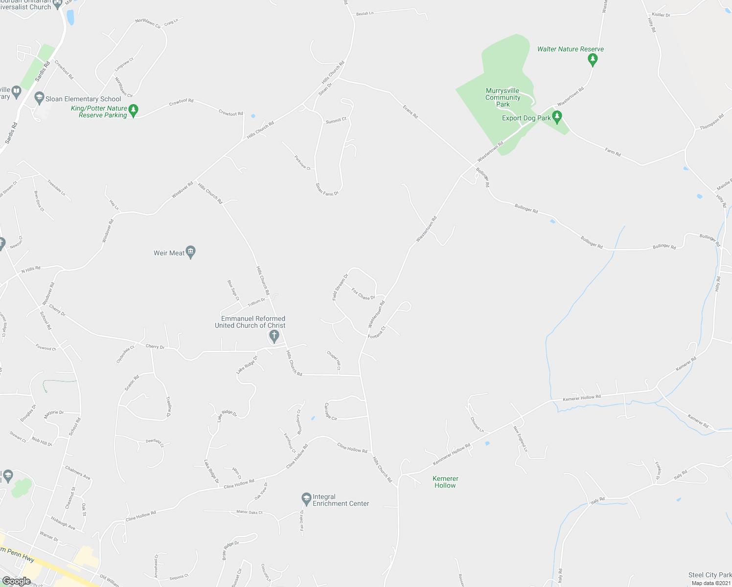 map of restaurants, bars, coffee shops, grocery stores, and more near 5600 Fox Chase Drive in Export