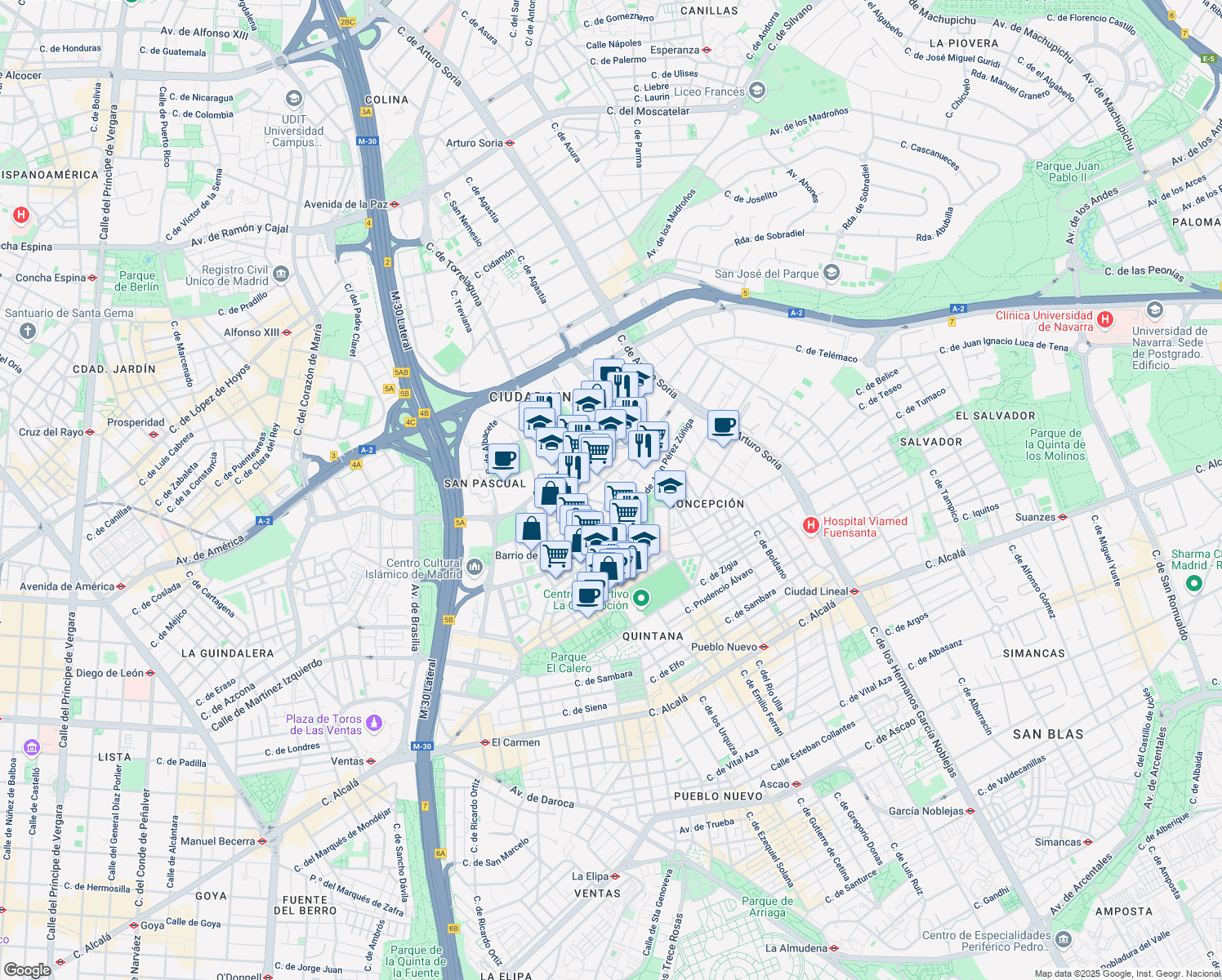 map of restaurants, bars, coffee shops, grocery stores, and more near 28 Calle de Torrelaguna in Madrid