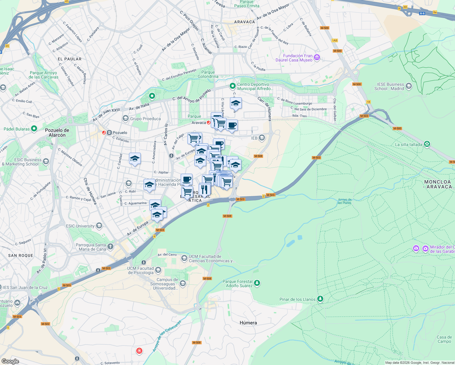 map of restaurants, bars, coffee shops, grocery stores, and more near Calle Canadá in Pozuelo de Alarcón