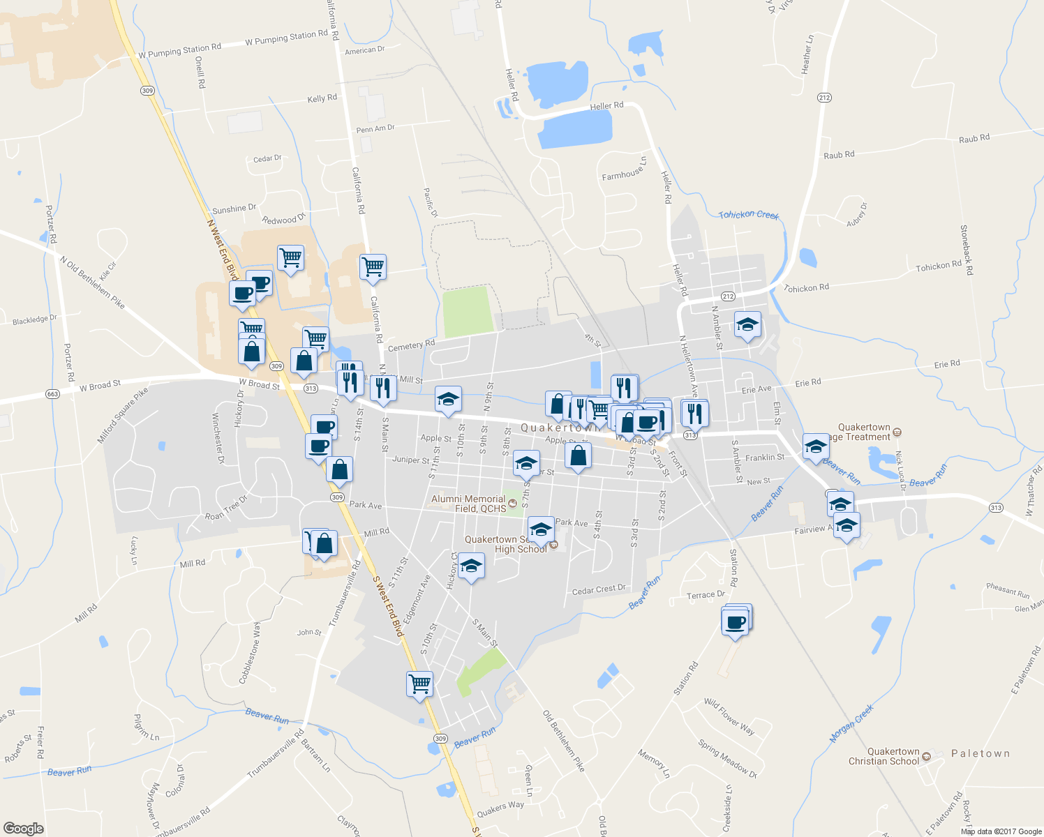 map of restaurants, bars, coffee shops, grocery stores, and more near 721 West Broad Street in Quakertown