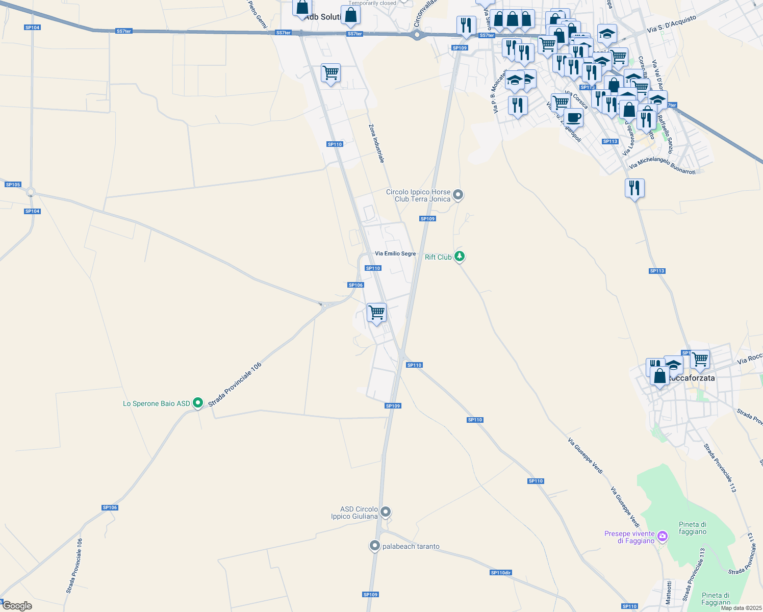 map of restaurants, bars, coffee shops, grocery stores, and more near Via Tulio Levicivida in Provincia di Taranto