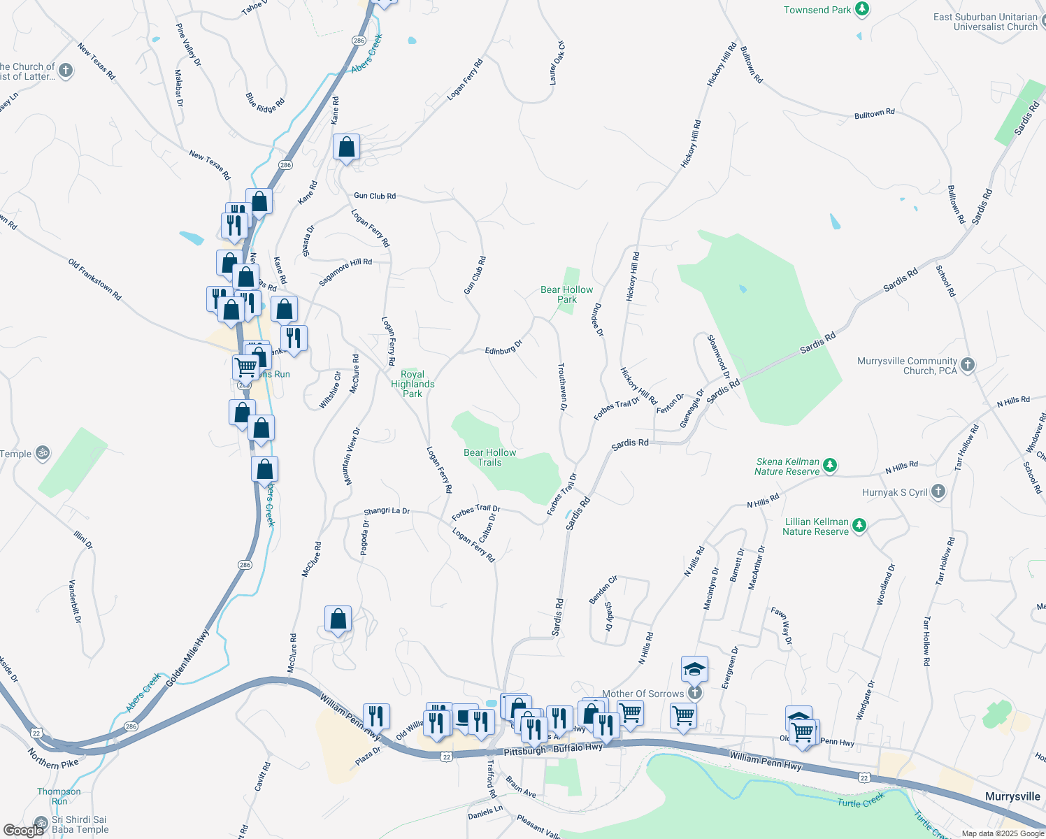 map of restaurants, bars, coffee shops, grocery stores, and more near 4019 Dublane Court in Murrysville